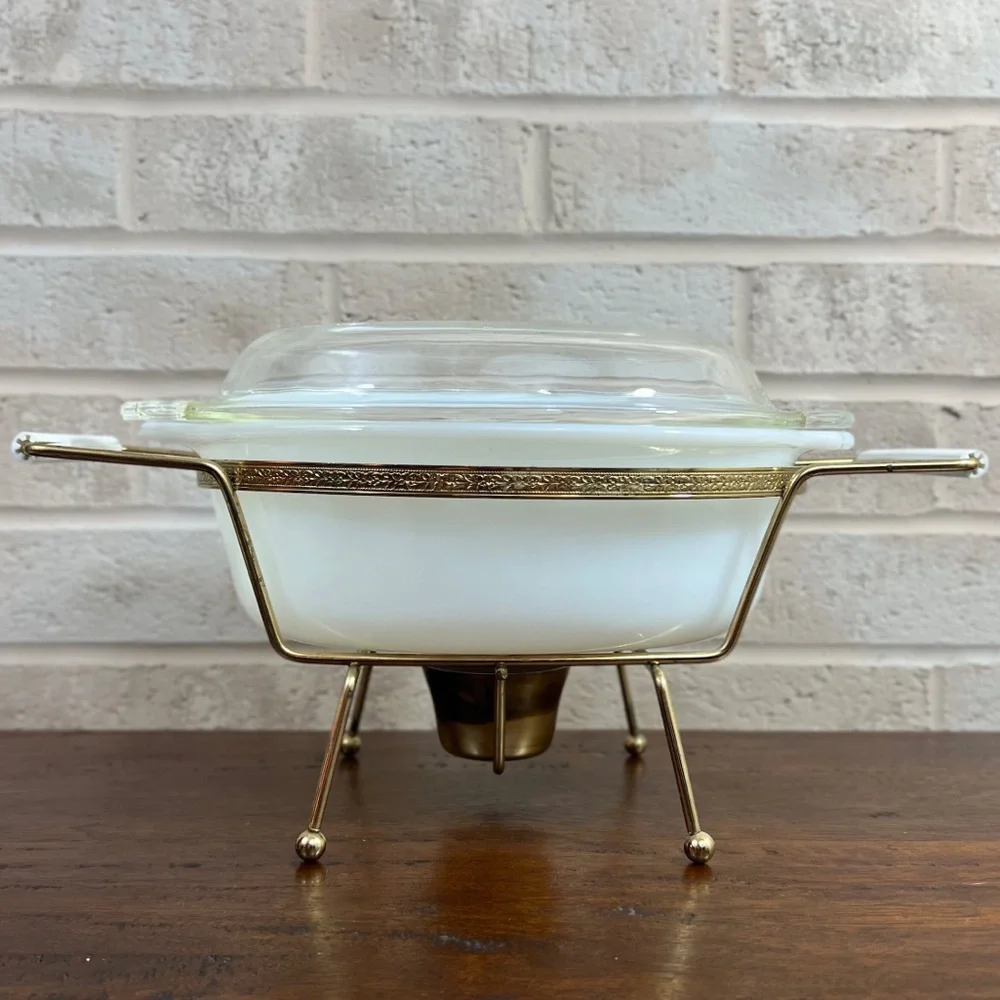 Vintage Mid Century Modern Fire King Casserole Chafing Dish Holder Candle Well - Picture 2 of 7